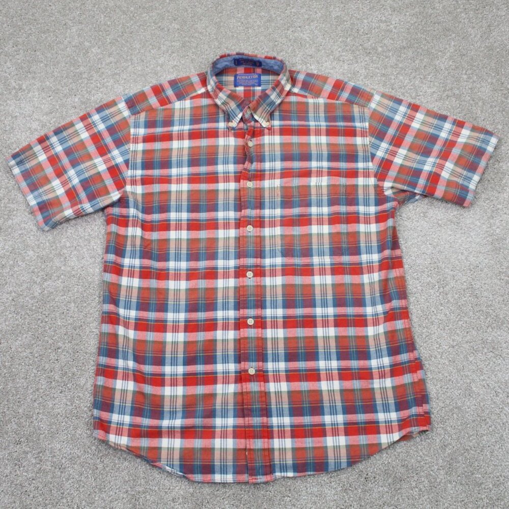Pendleton Seaside Shirt Men Large Red/Blue Plaid Cotton Short Sleeve Button Down